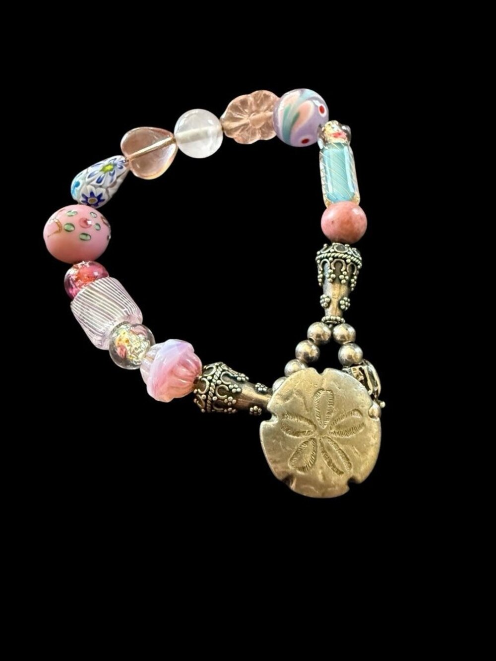 Artisan Lampwork Art Glass Bead Bracelet Sand Dollar Clasp Pink Floral Coasta